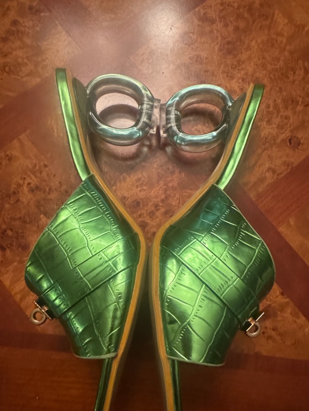 Green Metallic Slide Mules with GOLD Buckle - Picture 2 of 5